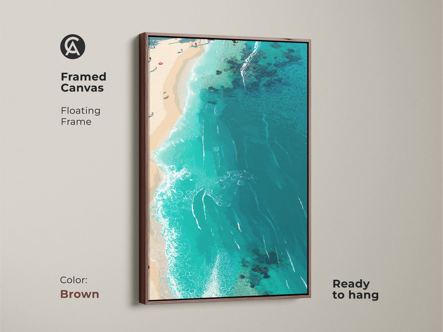 Framed beach canvas art in a floating frame. The brown frame enhances the coastal artwork's warmth. The aerial view displays turquoise ocean and sandy beach. This ready-to-hang piece brings a serene beach vibe.