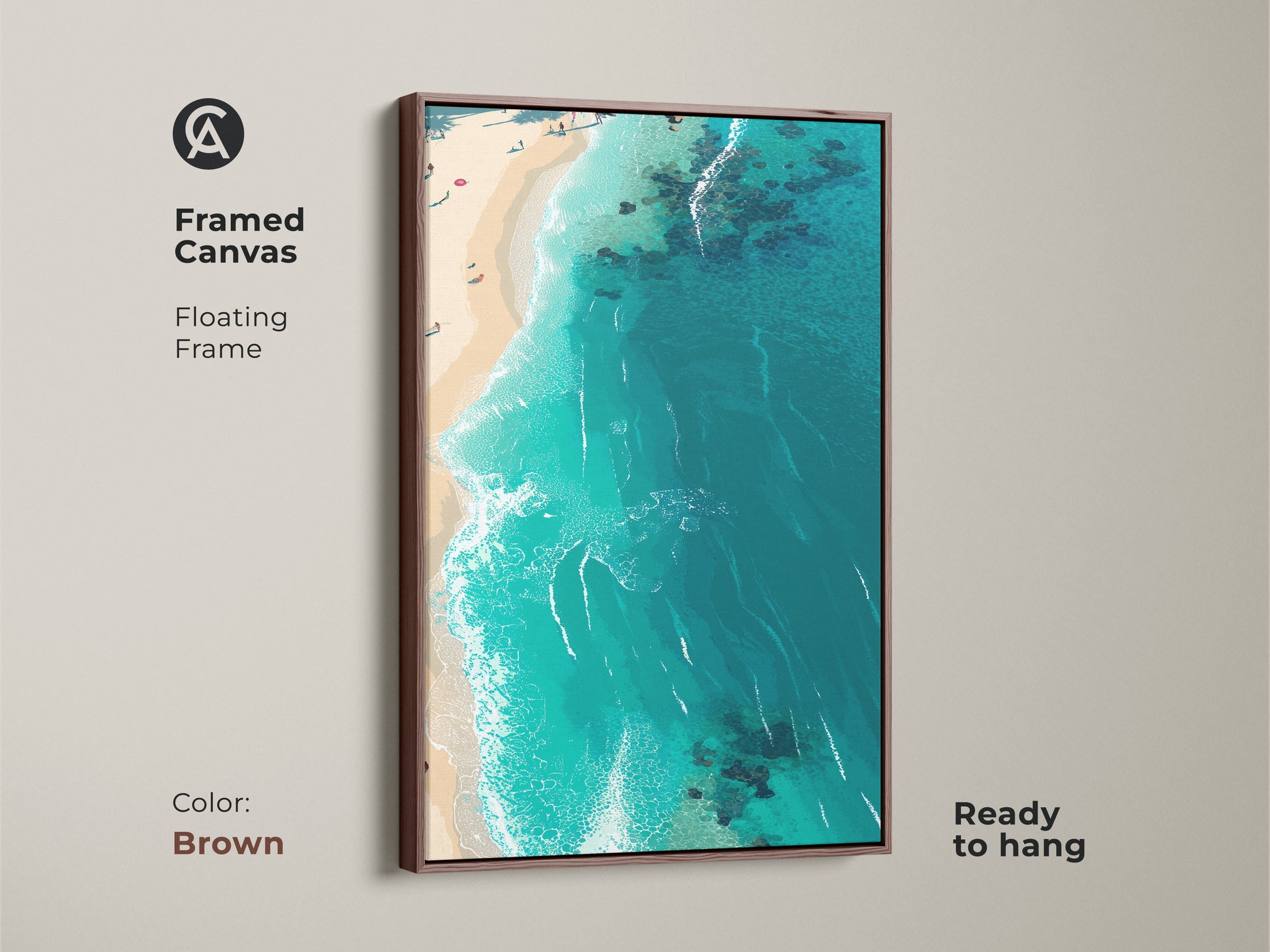 Framed beach canvas art in a floating frame. The brown frame enhances the coastal artwork's warmth. The aerial view displays turquoise ocean and sandy beach. This ready-to-hang piece brings a serene beach vibe.