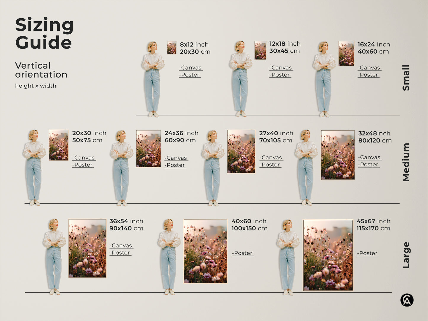 Sizing guide for vertical wildflower artwork. Available in small medium and large sizes. Choose from canvas or poster prints to fit your space. Find the perfect dreamy impressionistic canvas for your botanical bedroom decor needs.