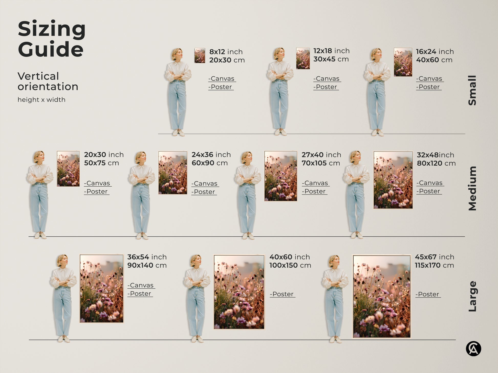 Sizing guide for vertical wildflower artwork. Available in small medium and large sizes. Choose from canvas or poster prints to fit your space. Find the perfect dreamy impressionistic canvas for your botanical bedroom decor needs.