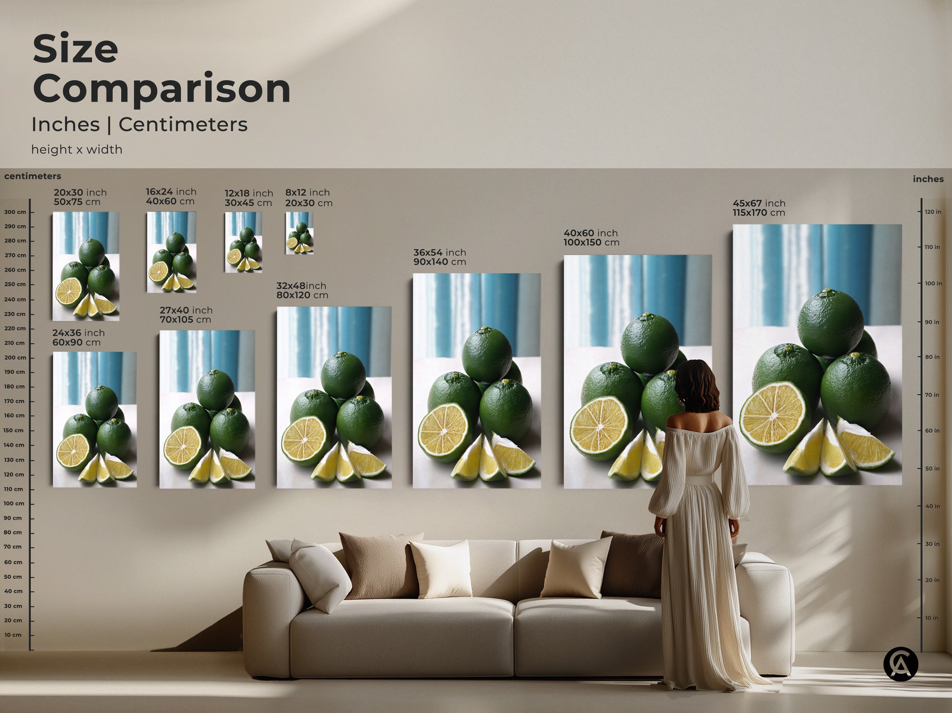 Size comparison of green lime still life artwork in inches and centimeters. See how it fits above a couch adding a modern touch. This botanical print enhances any kitchen or dining room decor.