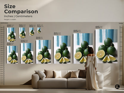 Size comparison of green lime still life artwork in inches and centimeters. See how it fits above a couch adding a modern touch. This botanical print enhances any kitchen or dining room decor.
