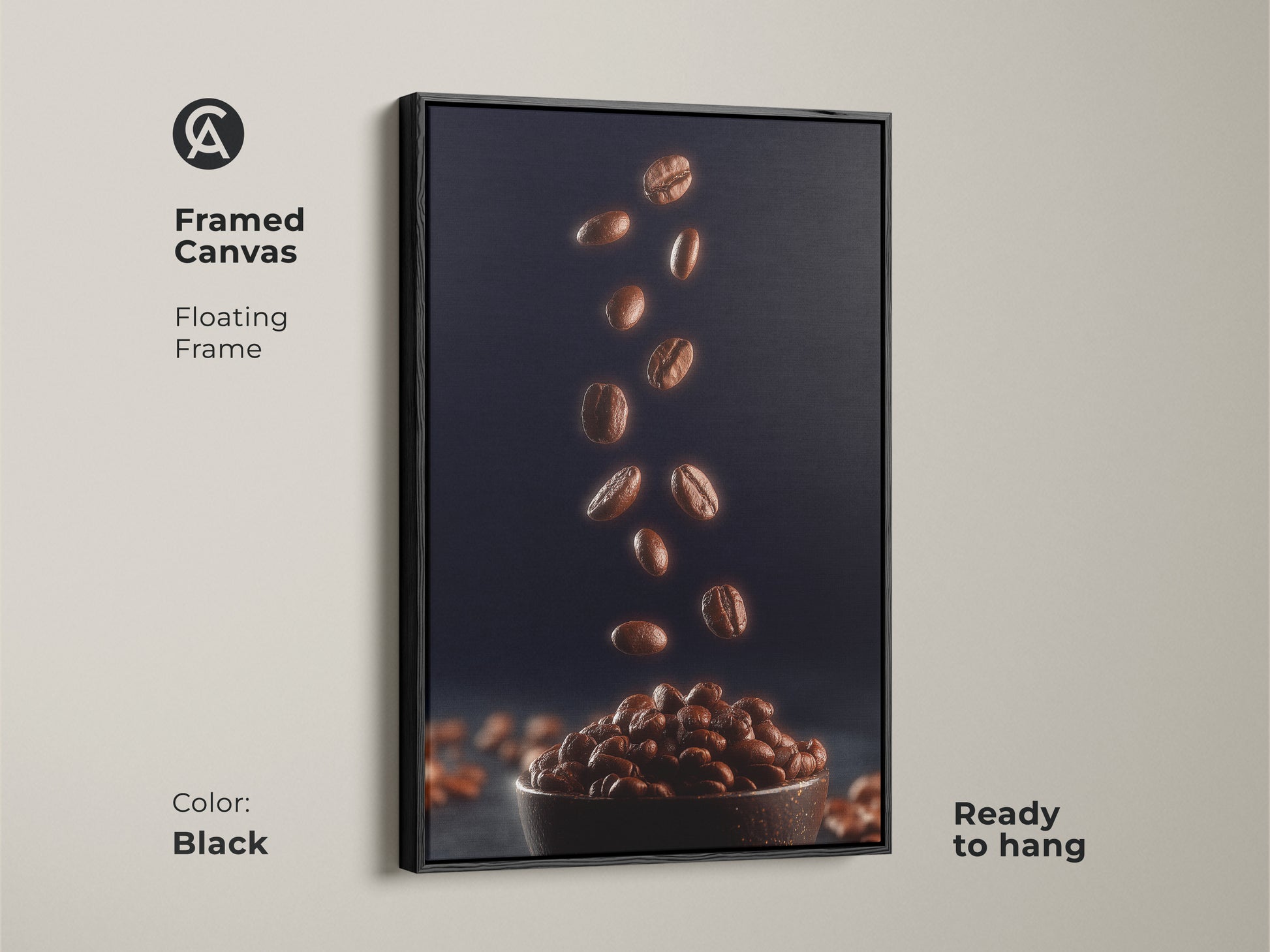 Framed canvas with a floating black frame showcasing falling coffee beans. This contemporary coffee decor features rich brown coffee beans against a deep navy background. Ready to hang artwork that adds a modern touch to any kitchen or home bar.