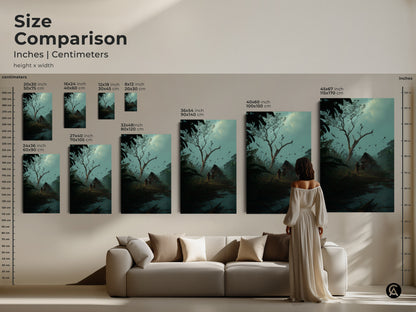 Size comparison of dark fantasy wall art. See how this tribal figures art print fits above a sofa. Misty blue teal artwork available in various sizes. The adventure landscape canvas adds an eclectic touch to study room decor. Choose the perfect size for your space.