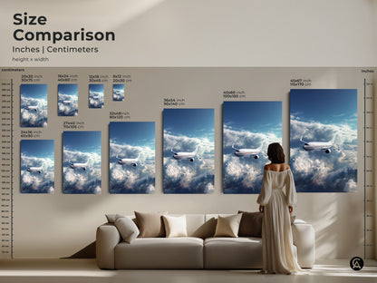 Size comparison of airplane prints in inches and centimeters. This aviation art is shown above a couch for scale. It is a modern sky blue airplane print. Ideal travel themed office gift wall art.