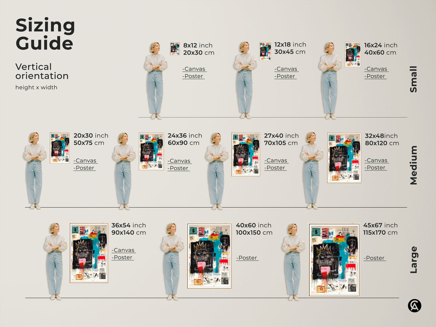 Sizing guide for Basquiat artwork. Available in vertical orientations and various sizes. Choose from canvas or poster prints. Find the perfect size to fit your space. Explore our collection and elevate your home decor today.