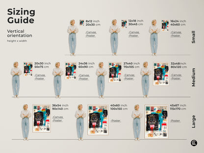 Sizing guide for Basquiat artwork. Available in vertical orientations and various sizes. Choose from canvas or poster prints. Find the perfect size to fit your space. Explore our collection and elevate your home decor today.