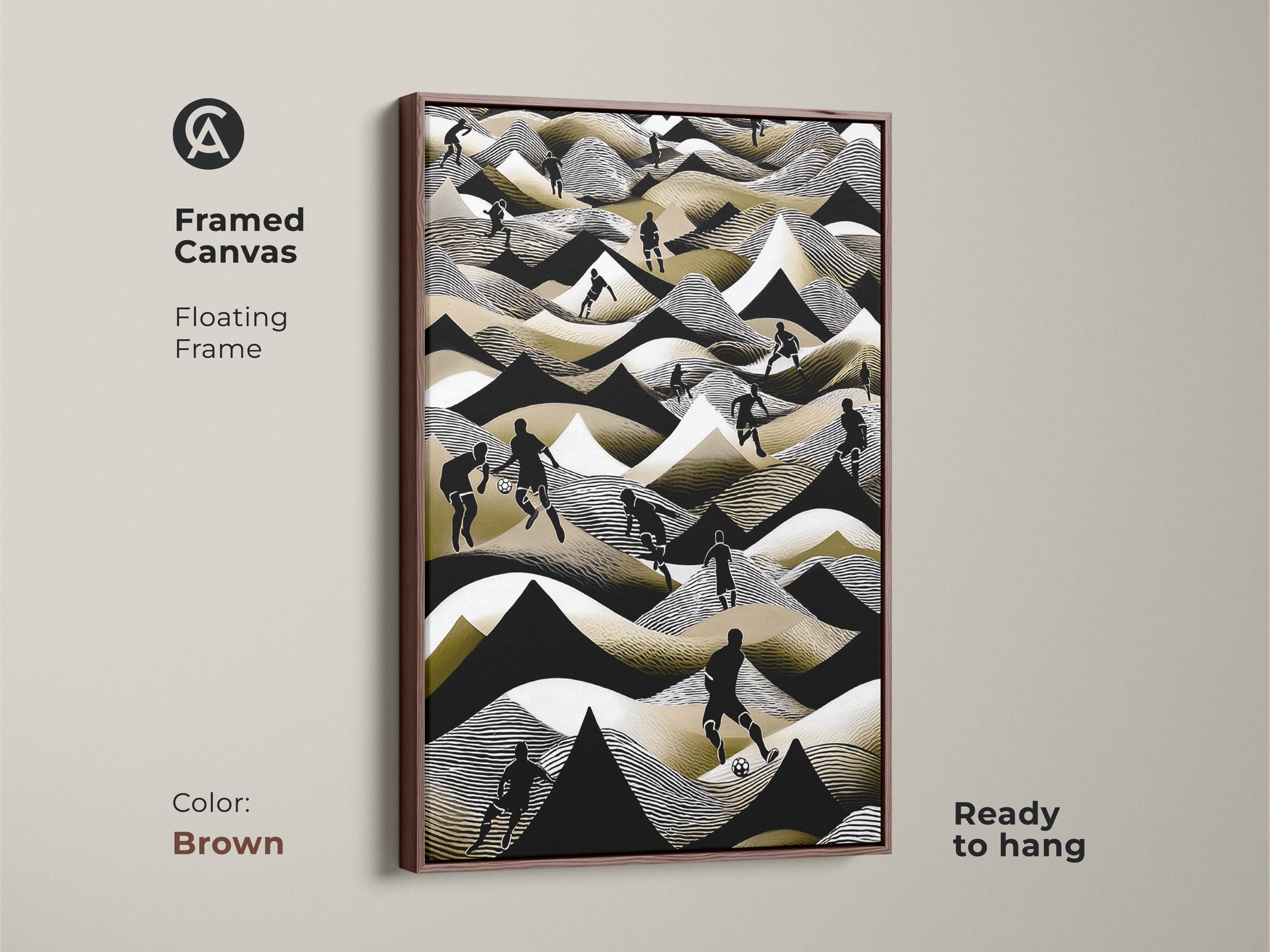 Framed in brown this canvas features abstract football artwork. This soccer scene uses black white and gold. The wall decor is ready to hang. It's an ideal gift for sports fans. The floating frame adds a classic touch.