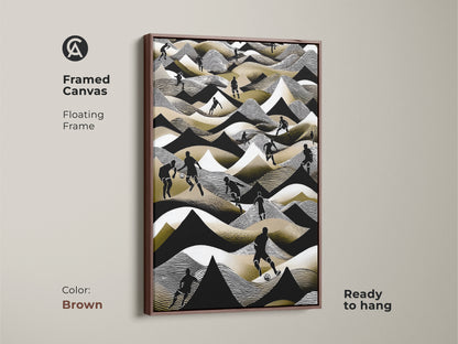 Framed in brown this canvas features abstract football artwork. This soccer scene uses black white and gold. The wall decor is ready to hang. It's an ideal gift for sports fans. The floating frame adds a classic touch.