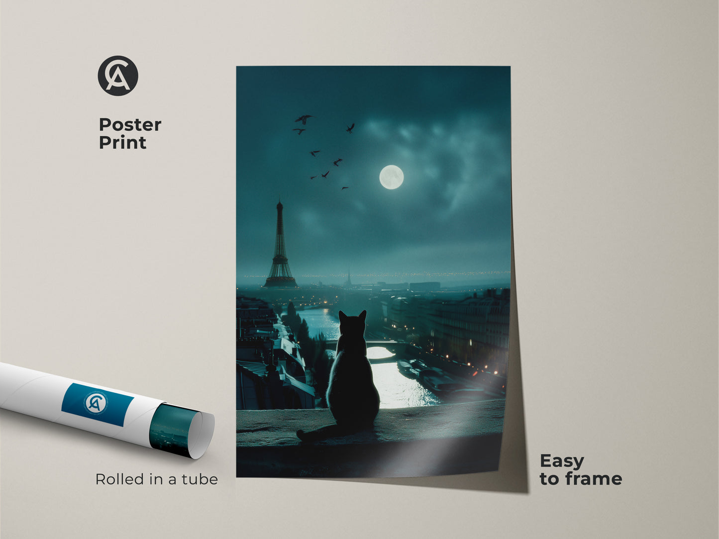 Poster print featuring a cat overlooking Paris at night. Eiffel Tower and full moon are in view. Rolled in a tube for easy framing. A unique wall art piece for cat and Paris enthusiasts. Add some Parisian charm.