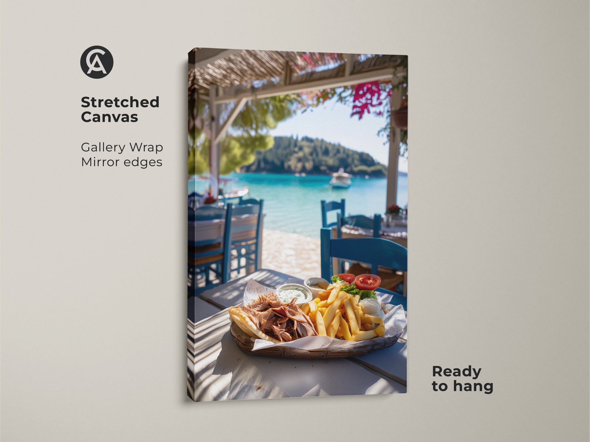 Stretched canvas art of a Greek gyros meal with a turquoise ocean view. This gallery wrap features mirror edges. It is ready to hang. Ideal as coastal home decor or greek taverna art for dining areas.