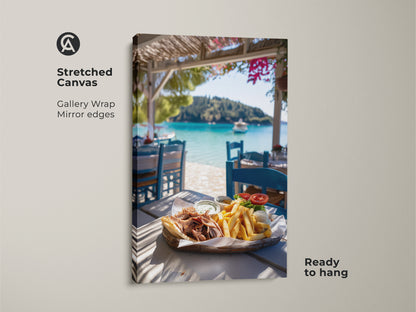 Stretched canvas art of a Greek gyros meal with a turquoise ocean view. This gallery wrap features mirror edges. It is ready to hang. Ideal as coastal home decor or greek taverna art for dining areas.