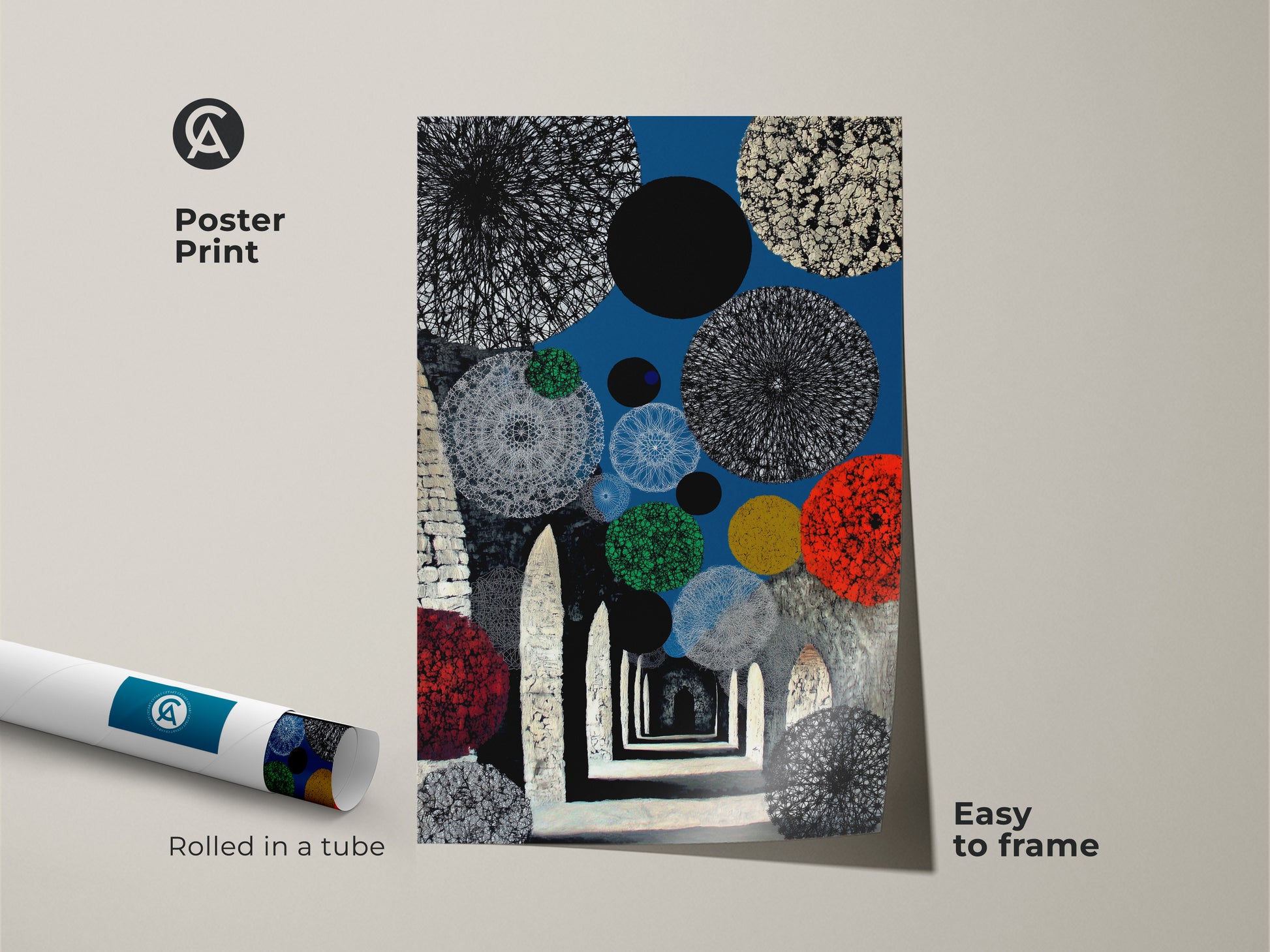 This abstract geometric wall art is printed as a poster and easy to frame. The blue red circles canvas makes a statement. The contemporary archway art brings eclectic home decor to any space. This surrealism artwork canvas is rolled in a tube. It's perfect as office wall art.