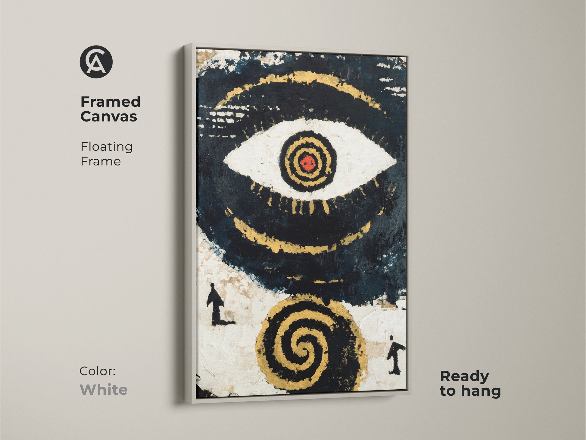 Framed Canvas with Floating White Frame featuring Abstract Eye Wall Art. It brings spiritual symbolism to contemporary spaces. This navy black and gold artwork is ready to hang and complements eclectic decor. Perfect as a gift for a spiritual friend.
