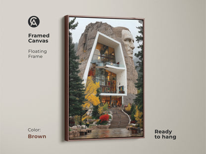 A brown framed canvas print showcases contemporary home office art. This unique artwork combines modern house art with a carved stone head. A brown floating frame enhances this stone carving home decor. A perfect housewarming present for travel enthusiasts.