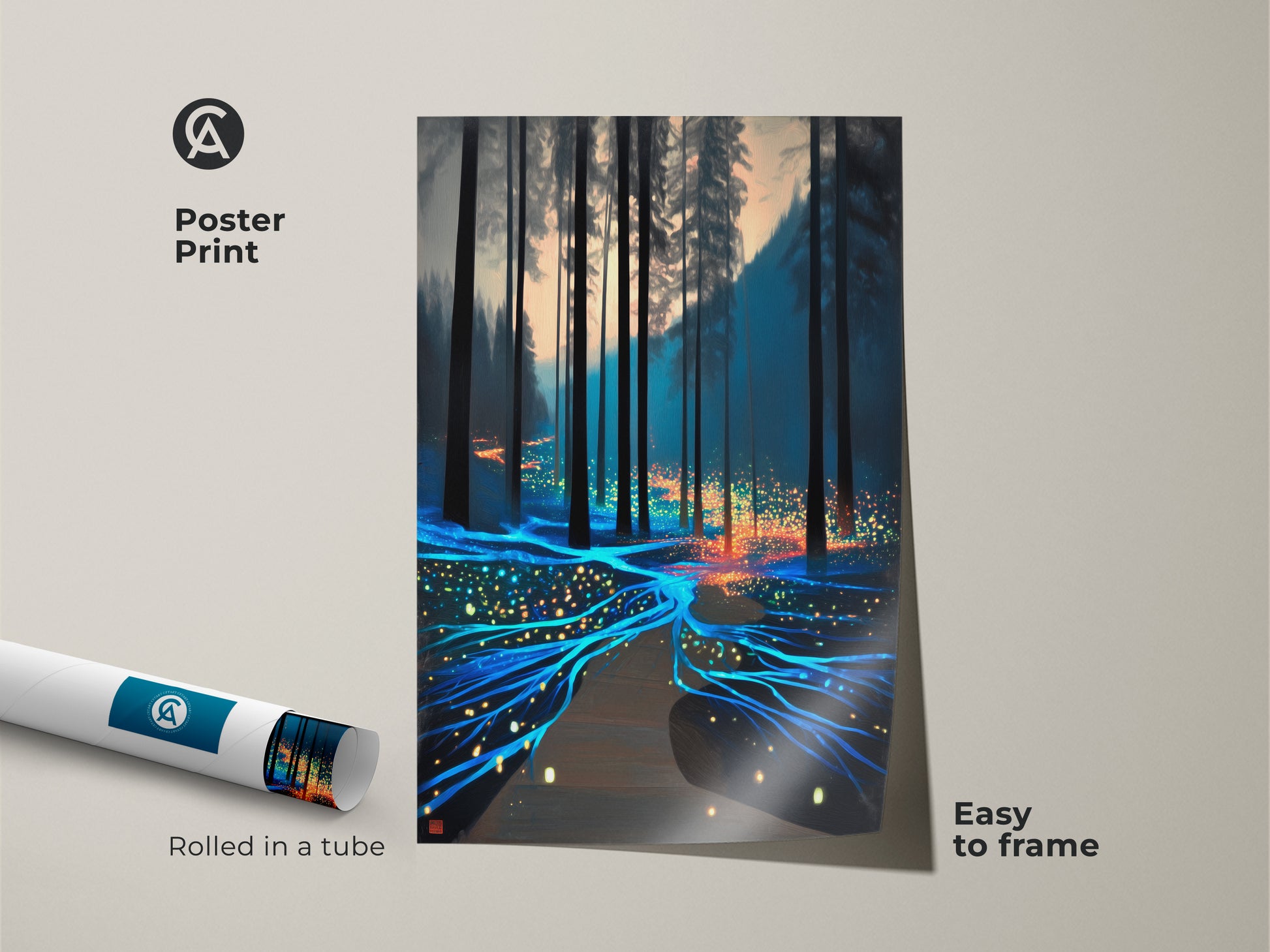 Poster print of fantasy forest artwork is easy to frame. Surreal nature canvas features a glowing path. Abstract teal and orange art arrives rolled in a protective tube for safe delivery.