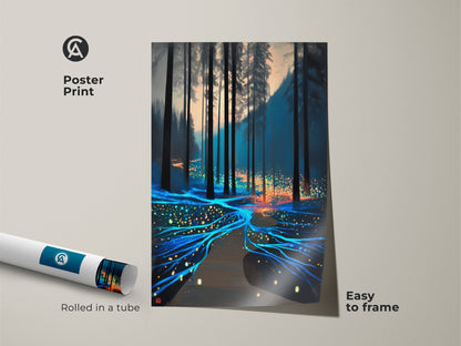 Poster print of fantasy forest artwork is easy to frame. Surreal nature canvas features a glowing path. Abstract teal and orange art arrives rolled in a protective tube for safe delivery.