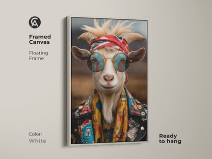 White framed canvas print of a sunglass wearing goat. Looking for a unique wildlife lover gift? This bohemian animal artwork adds personality and a touch of cool to any room.