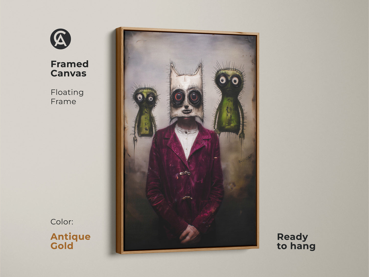 The framed canvas shows a surreal character with a gothic mask. Two creatures complement the dark art print. The antique gold frame enhances the burgundy green colors. This macabre art is perfect for alternative wall hanging. It's ready to hang to create a unique space.