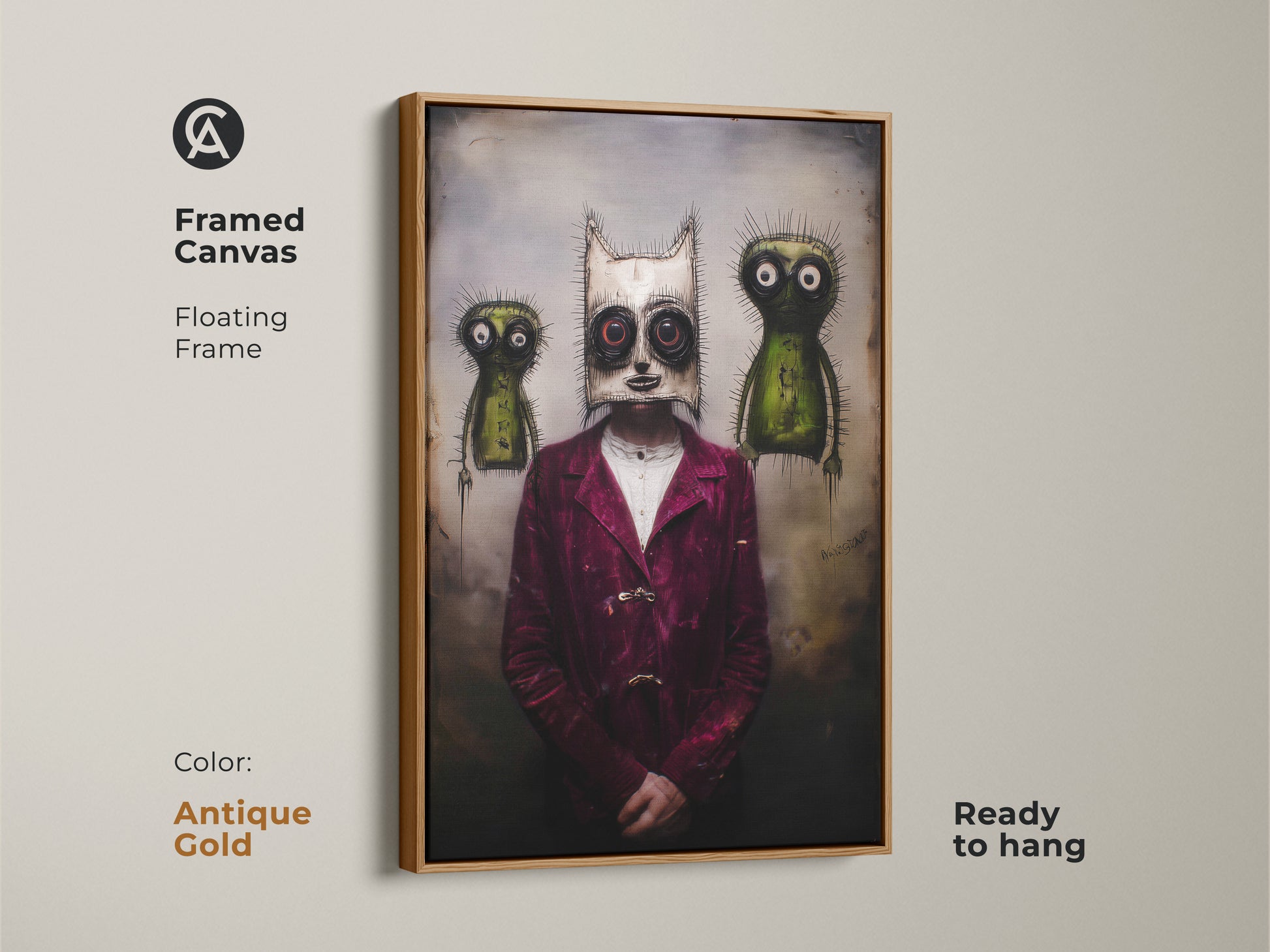 The framed canvas shows a surreal character with a gothic mask. Two creatures complement the dark art print. The antique gold frame enhances the burgundy green colors. This macabre art is perfect for alternative wall hanging. It's ready to hang to create a unique space.
