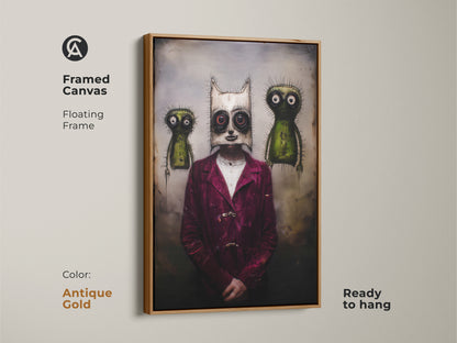 The framed canvas shows a surreal character with a gothic mask. Two creatures complement the dark art print. The antique gold frame enhances the burgundy green colors. This macabre art is perfect for alternative wall hanging. It's ready to hang to create a unique space.