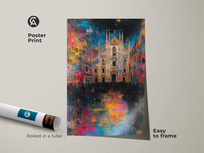 Colorful Milan Cathedral art on a poster print. The museum-quality paper captures the vibrant colors. The poster print is easy to frame. Rolled in a protective tube for safe shipping and handling.