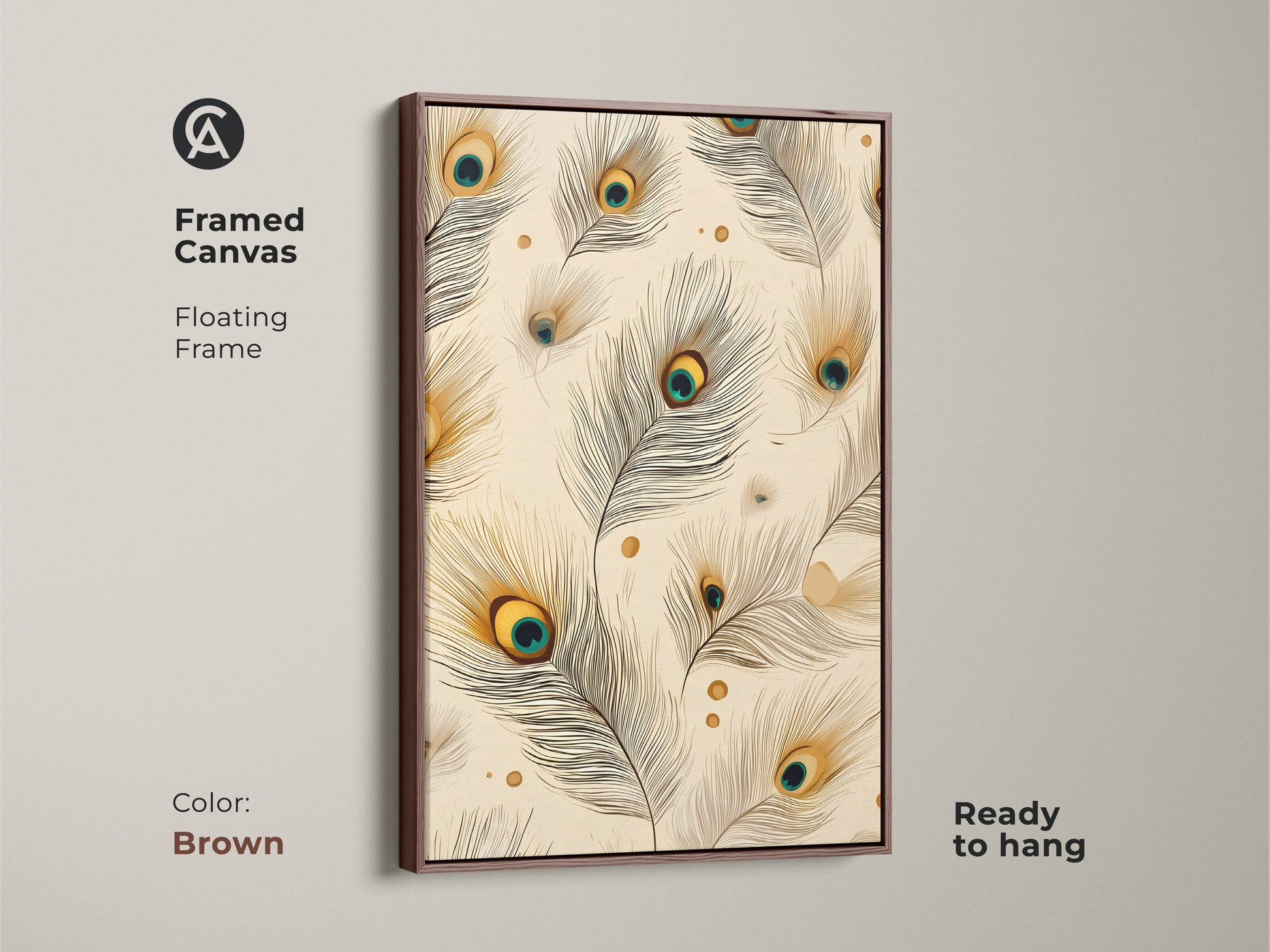 Brown framed canvas of peacock feather artwork with a floating frame. Boho abstract wall art ready to hang. The cream teal and gold decor is ideal for art nouveau home decor. A thoughtful housewarming gift for nature lovers.