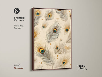 Brown framed canvas of peacock feather artwork with a floating frame. Boho abstract wall art ready to hang. The cream teal and gold decor is ideal for art nouveau home decor. A thoughtful housewarming gift for nature lovers.