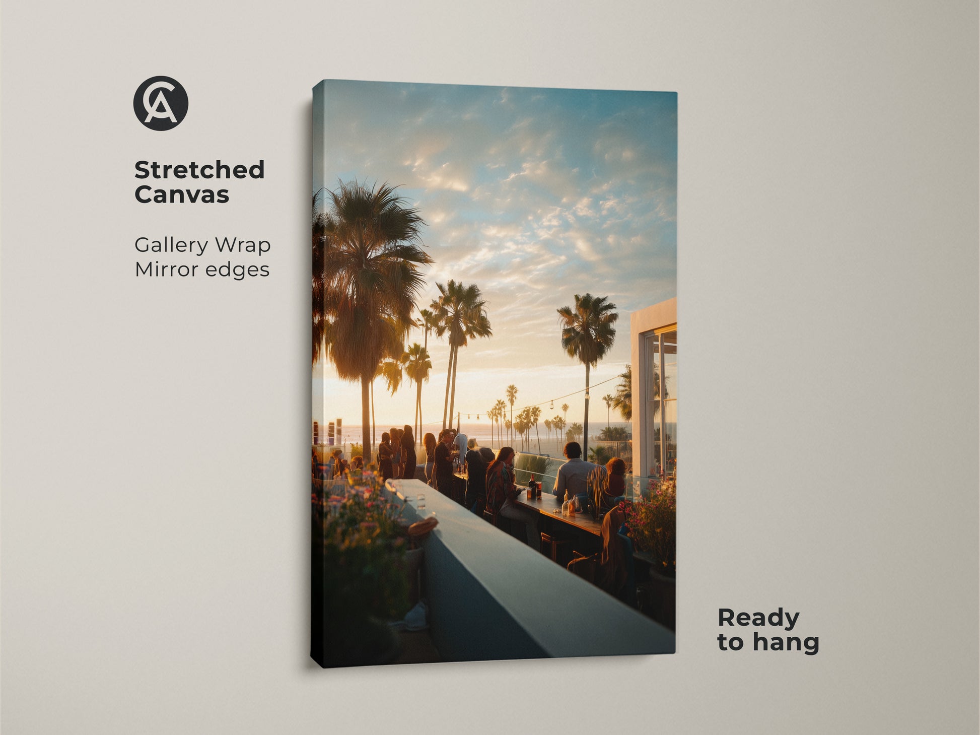 Stretched canvas gallery wrap art. The edges are mirrored for a clean look. It features a rooftop bar at sunset with palm trees. The canvas is ready to hang and enjoy. A great piece of wall art for any room.