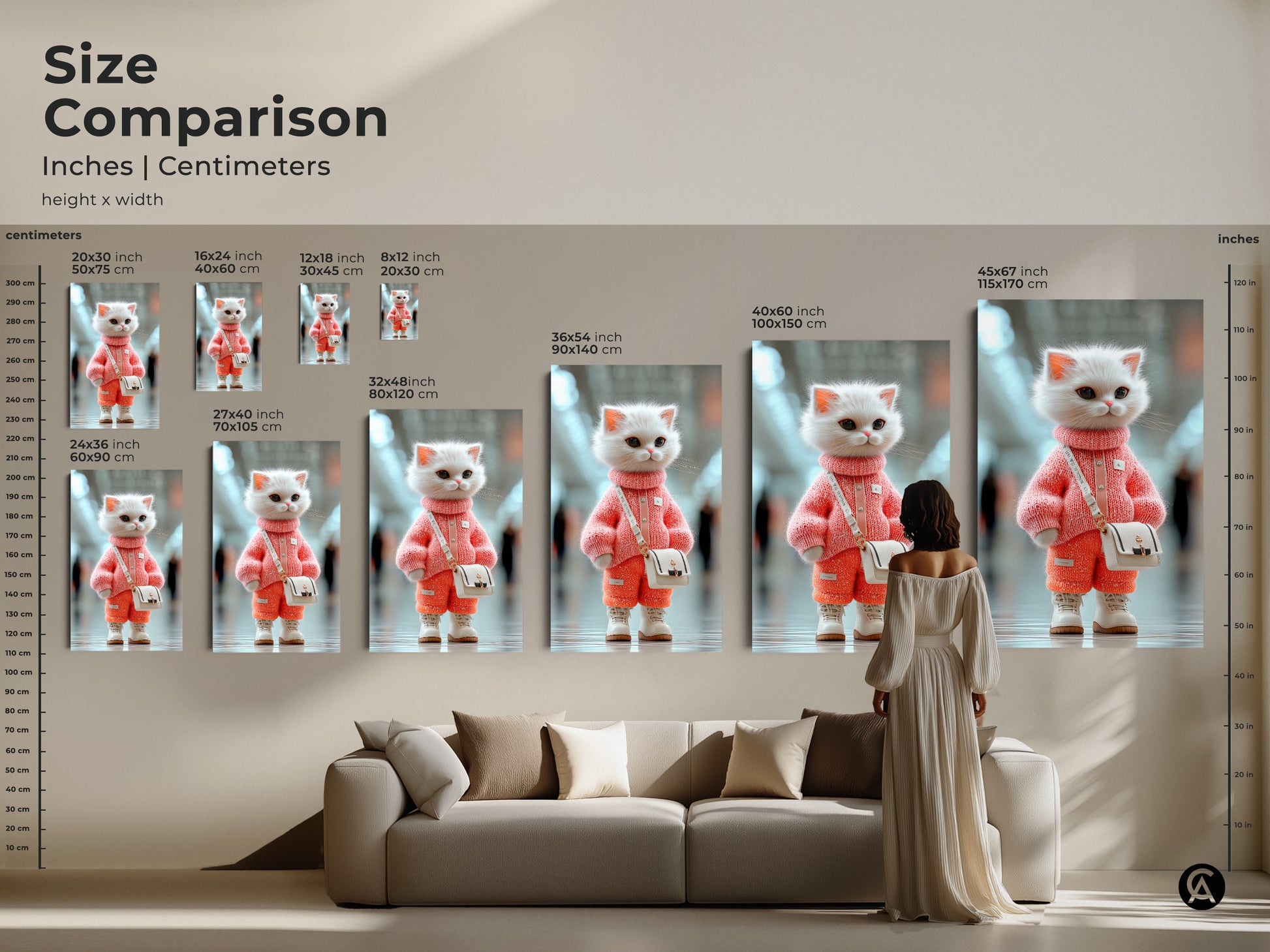 Size comparison of our kitten artwork. See how different sizes fit in a living room setting. Choose from various dimensions to suit your space. Find the ideal size to showcase this charming animal art above your sofa.