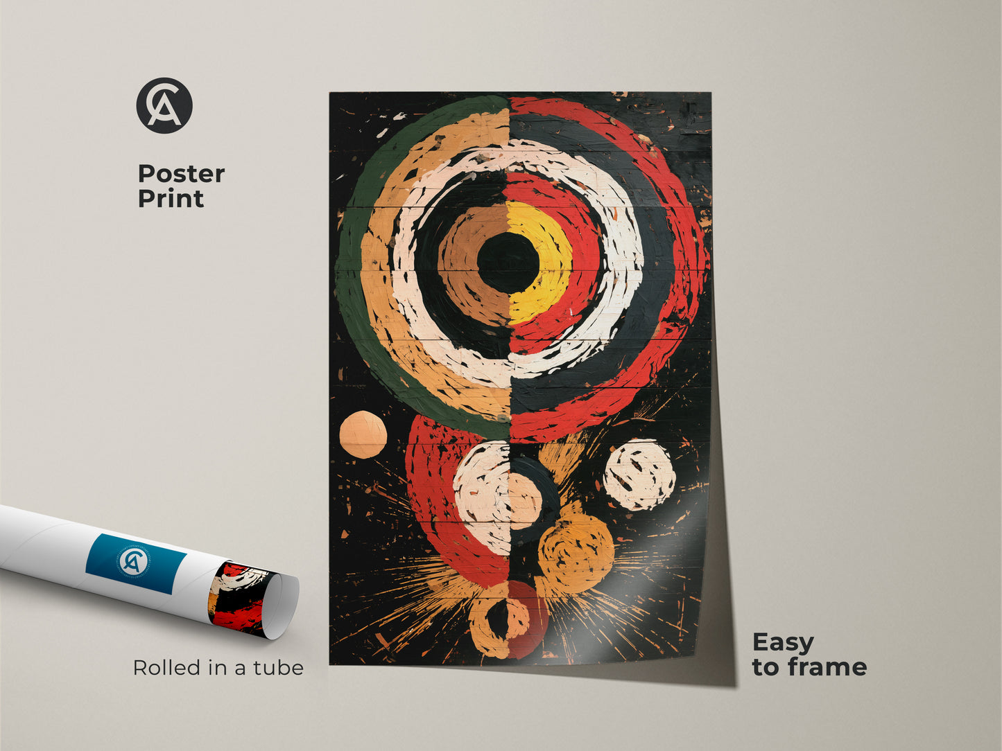 A Retro Abstract Geometric poster print that is easy to frame. The eclectic home decor art displays concentric circles and explosion shapes in red black and white. This mid century modern art arrives rolled in a tube. This is a striking retro style canvas.