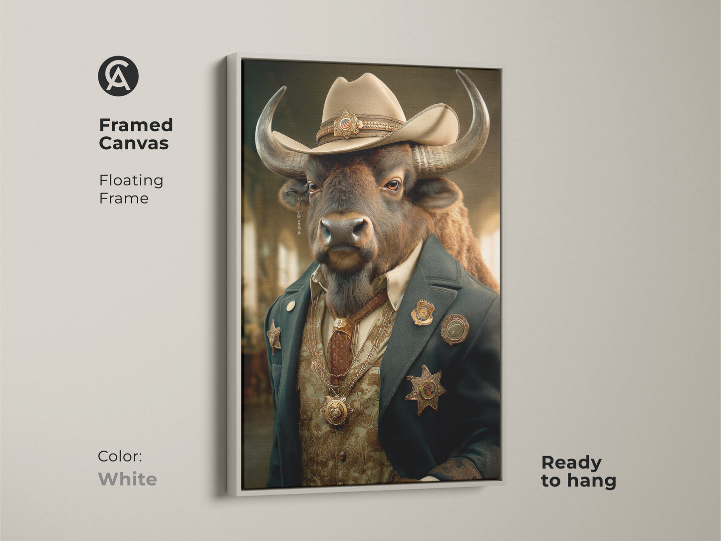 Framed canvas of a buffalo sheriff art. This white floating frame enhances the surreal western cowboy animal portrait. It is a ready to hang piece of dark academia wall art. The tan blue and brown tones add eclectic charm. Ideal as man cave decor and a unique housewarming gift.