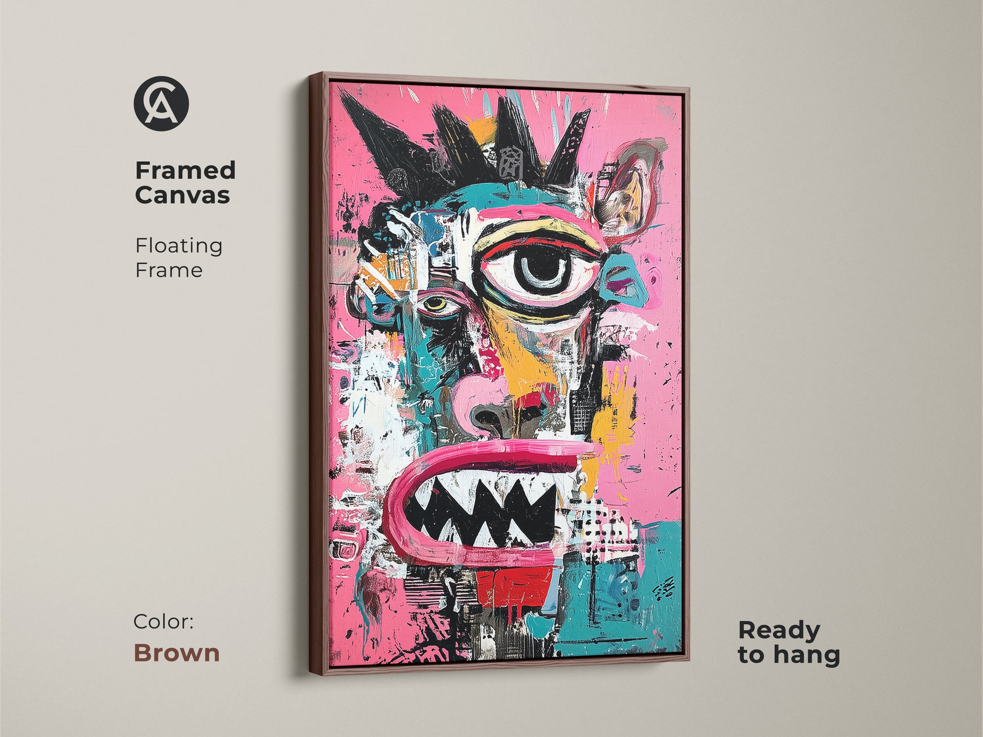Framed canvas displaying a colorful monster face artwork. The brown floating frame enhances the piece. This ready-to-hang art adds warmth to any space. Its unique style makes it a conversation starter in your home.