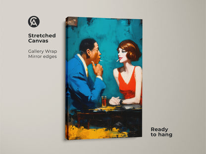 This stunning art print is ready to hang and admire. The artwork features a man and woman in an intimate setting. The gallery wrap and mirror edges add a professional touch. The painting is a great conversation starter. Bring this unique piece into your home. Enjoy the beauty and elegance it brings.