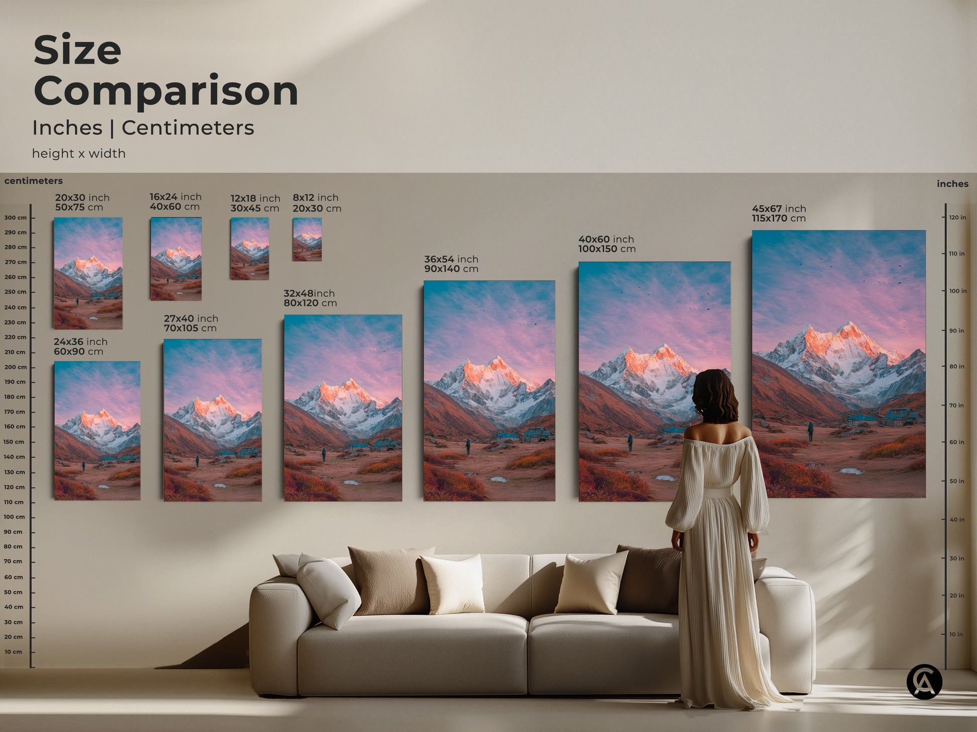 Size comparison of mountain art prints. See how different sizes look in a living room setting. Various dimensions available in inches and centimeters. Find the perfect scale for your mountain artwork. Transform your space with a stunning mountain view today.