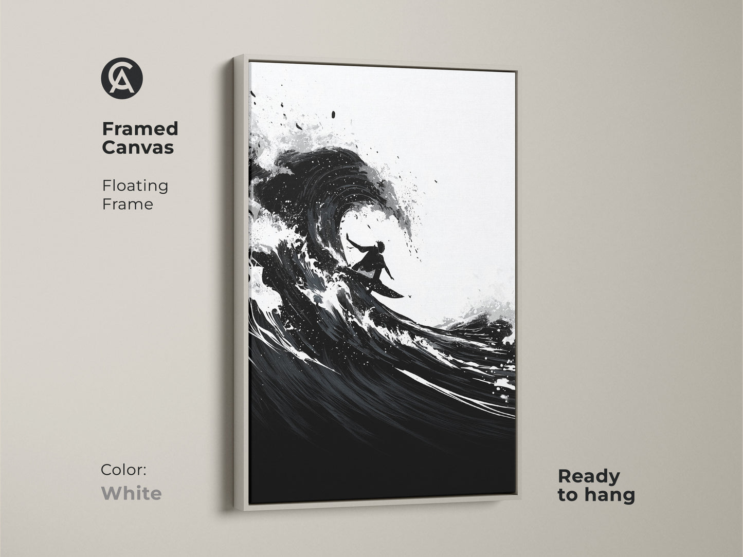 White framed canvas displaying dynamic wave art. Abstract ocean art for coastal living rooms is ready to hang. Monochrome surfer print adds a modern touch to any space.