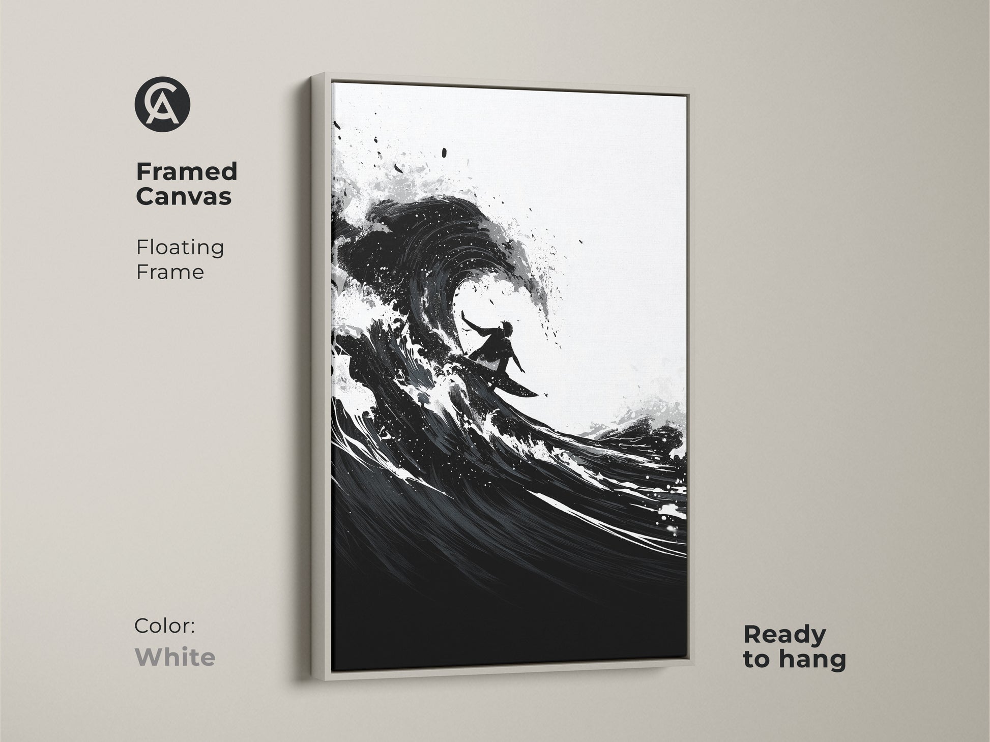 White framed canvas displaying dynamic wave art. Abstract ocean art for coastal living rooms is ready to hang. Monochrome surfer print adds a modern touch to any space.