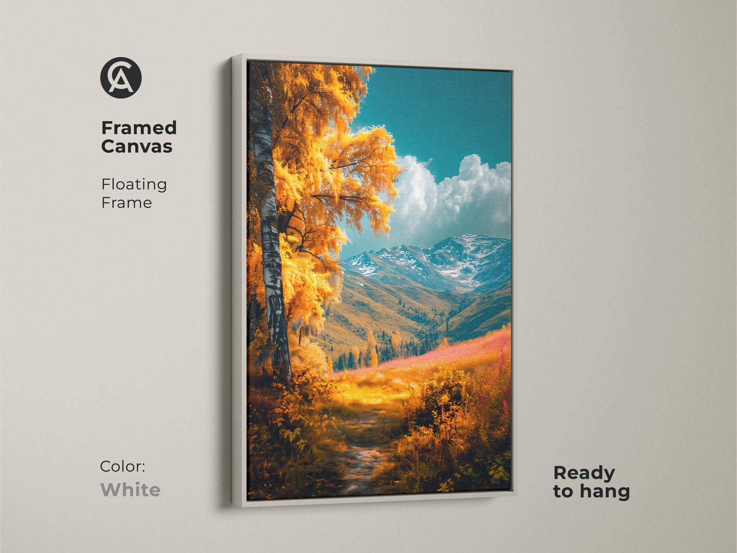 Bring a touch of nature indoors with this framed canvas art. The white floating frame complements the golden autumn landscape. A birch tree and snow-capped mountains create a serene scene. Ready to hang this piece offers a clean aesthetic.