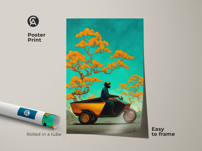 This poster print features a surreal trike and bonsai tree. A fantasy nature artwork rolled in a tube for easy framing. The orange and teal palette enhances eclectic home decor with a unique travel art.
