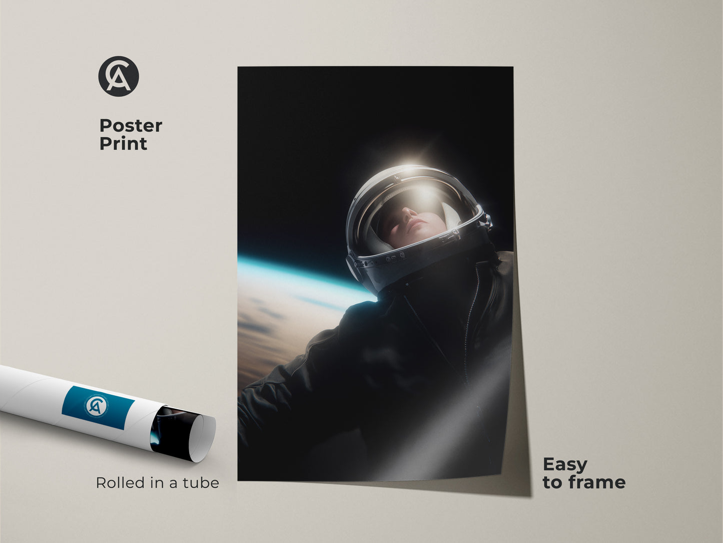 Framing this astronaut art print is easy. This sci-fi poster arrives rolled in a tube. It is a museum-quality paper print that captures a photorealistic astronaut. It makes a striking addition to any space exploration art collection. Its minimalist art style fits any contemporary decor.