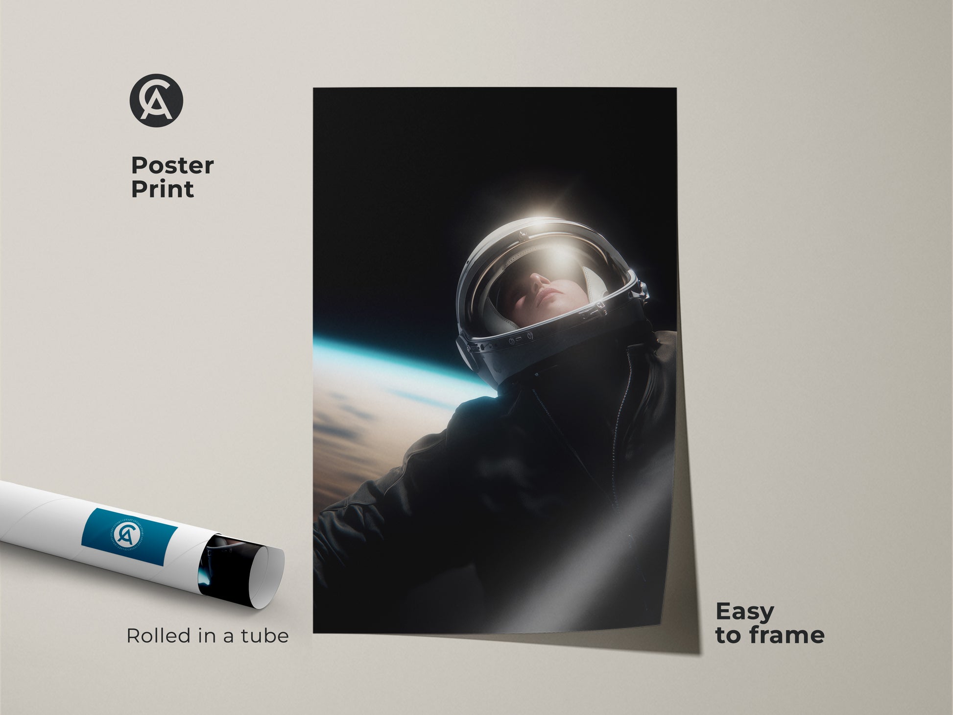 Framing this astronaut art print is easy. This sci-fi poster arrives rolled in a tube. It is a museum-quality paper print that captures a photorealistic astronaut. It makes a striking addition to any space exploration art collection. Its minimalist art style fits any contemporary decor.
