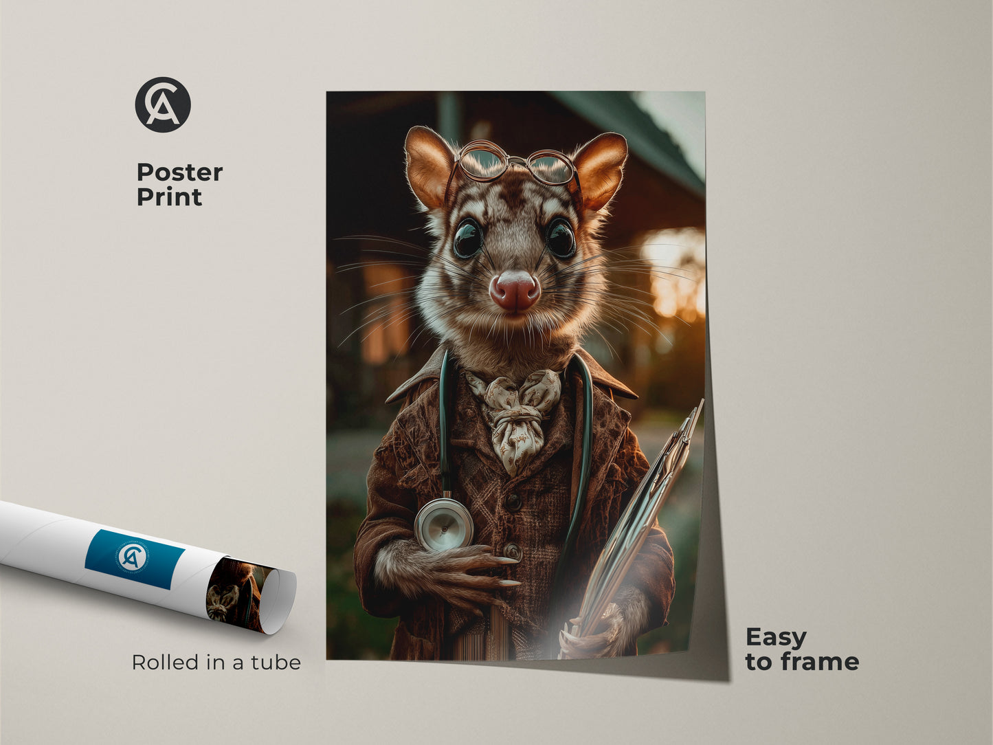 This poster print displays a possum doctor in sepia tones. The surreal animal portrait features a possum wearing glasses and a coat. He is holding medical instruments. This easy to frame fantasy creature art adds eclectic charm to any office or study. It’s a unique gift for animal lovers.