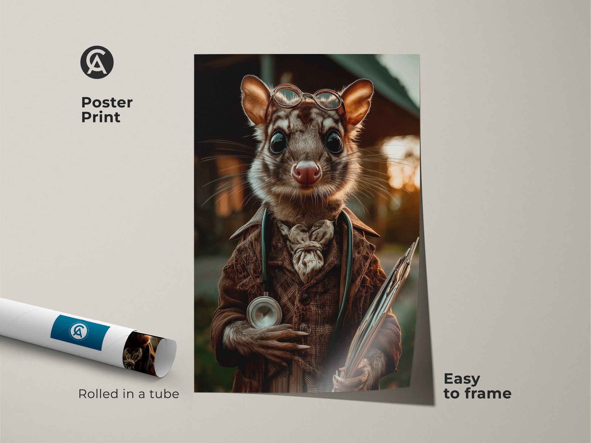This poster print displays a possum doctor in sepia tones. The surreal animal portrait features a possum wearing glasses and a coat. He is holding medical instruments. This easy to frame fantasy creature art adds eclectic charm to any office or study. It’s a unique gift for animal lovers.