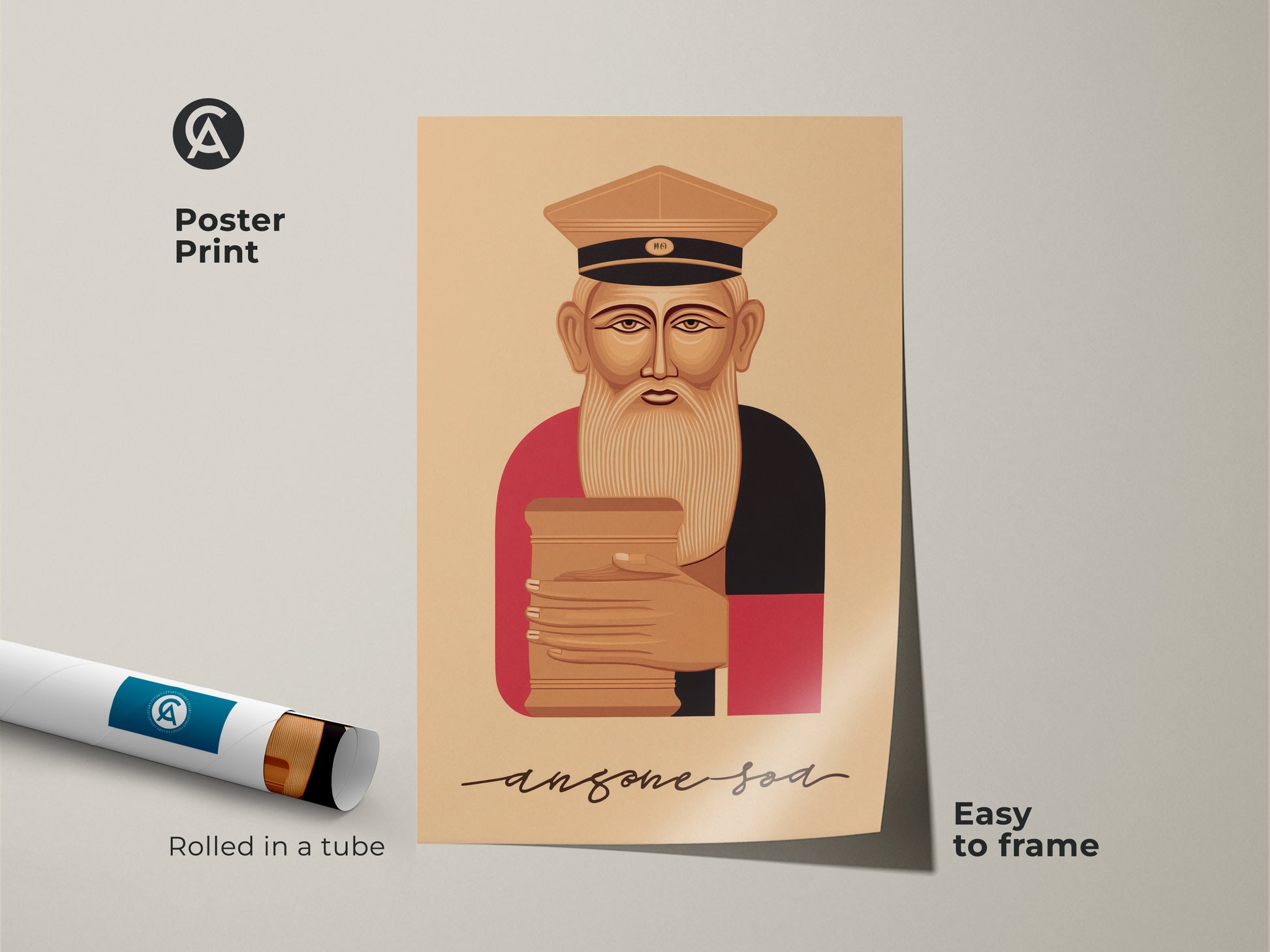 Poster print of an elderly man reading a book in a retro flat style. Rolled in a tube this literary artwork is easy to frame. The brown tan and red color palette adds warmth to any office bookshelf or study room. This vintage bookworm gift will bring a classic touch.