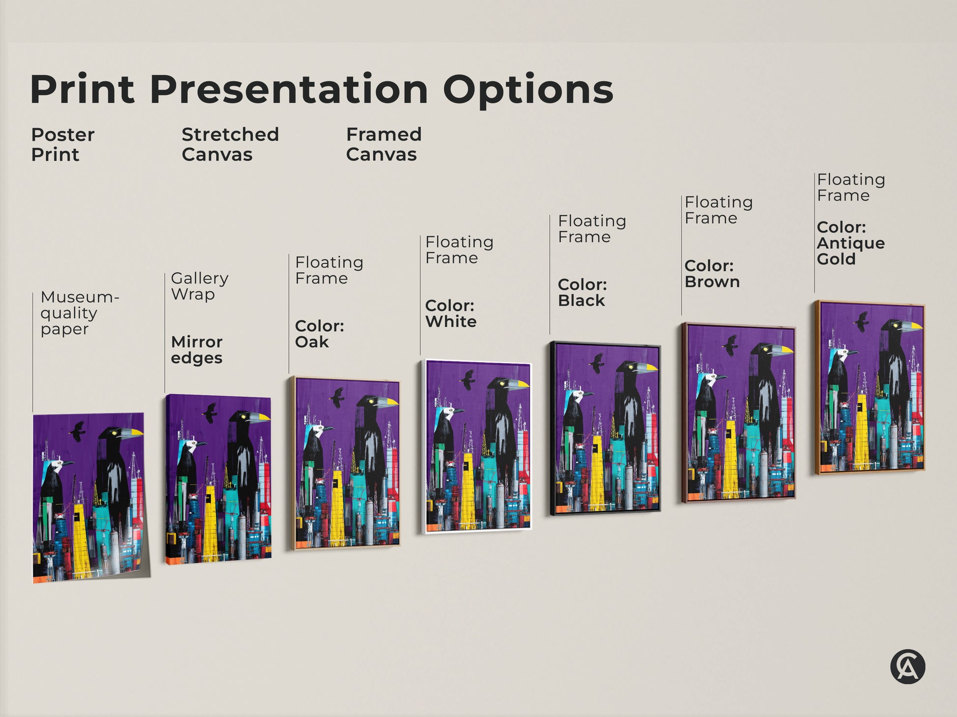 Print presentation options poster print stretched canvas and framed canvas. See the museum quality edges gallery wrap and floating frame colors for your bird artwork.