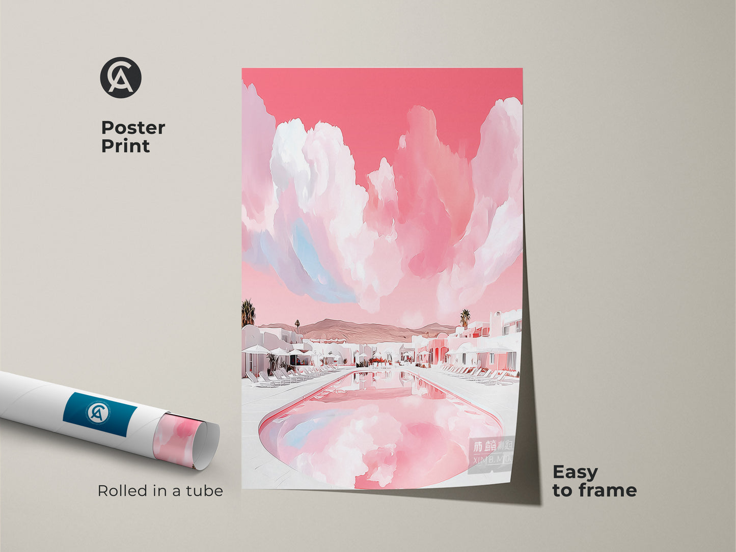 Poster print featuring pastel pink abstract art of a resort pool scene. This contemporary travel decor is rolled in a tube for easy framing. Ideal as a chic bedroom canvas or a housewarming gift. Modern home wall art.