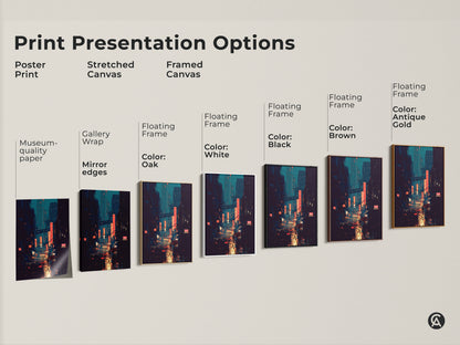 Explore print presentation options for the cyberpunk cityscape artwork. Choose from poster print stretched canvas or framed canvas. Each option enhances the futuristic neon city print. Perfect for adding a contemporary touch to any space with this teal and orange art.