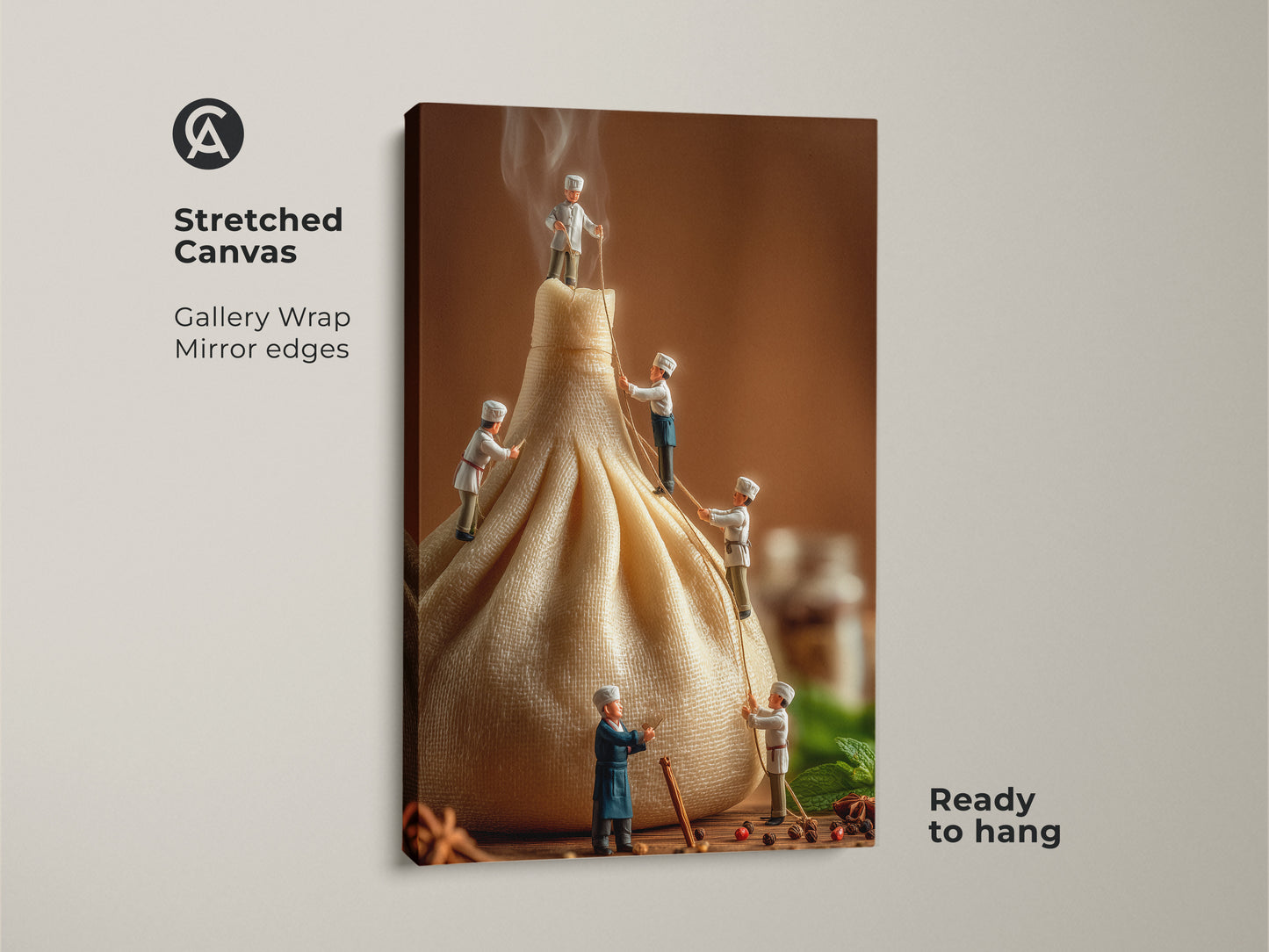 Stretched canvas artwork of tiny chefs climbing a dumpling. Gallery wrapped with mirror edges this culinary-themed art adds charm to your space. It is printed on high-quality canvas and ready to hang. The artwork is a unique conversation starter.
