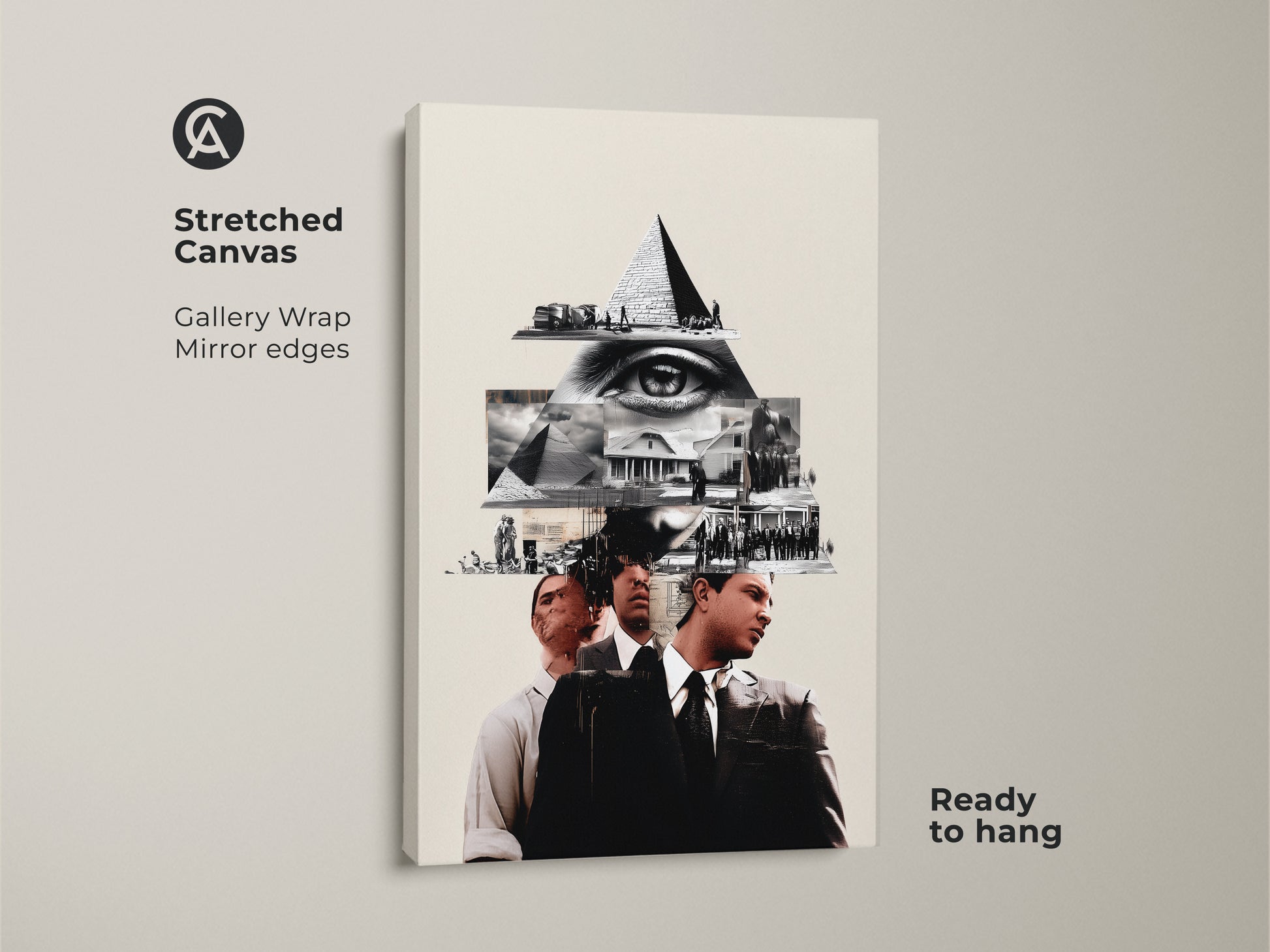 This Stretched Canvas features a Monochrome Eye Pyramid Collage Art Print that brings surreal history themes to your office decor. The conceptual artwork showcases a pyramid and eye motif in black and white for any space. Get this eye catching piece today.