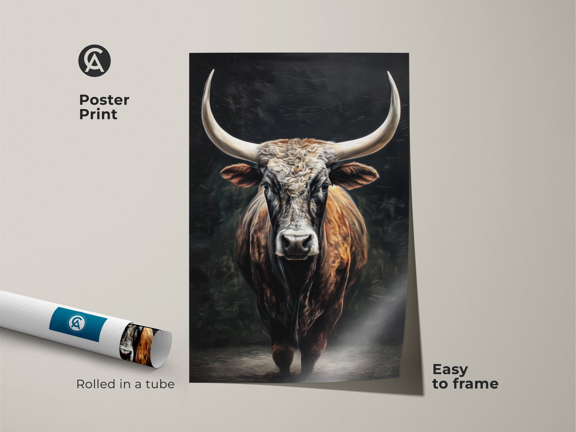 This poster print features a majestic Texas Longhorn. The rustic bull artwork is easy to frame. Rolled in a tube this animal wall art is ready for your study. It's a brown tan farmhouse wall decor. Perfect as a gift for ranchers. This wildlife canvas adds country style to any space.